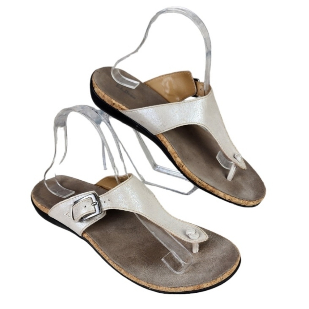 L.L. Bean  Metallic Leather Thong Sandal Pewter Size 10 Gizeh Style